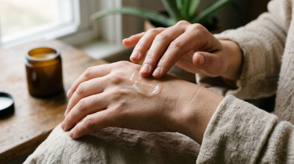 A person gently applying the homemade Vaseline and aloe vera blend to their hand or face