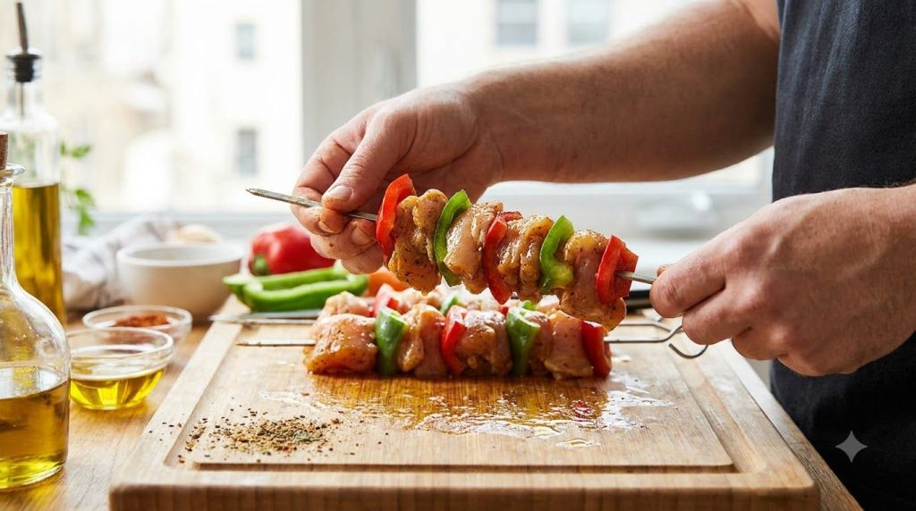 Assembling chicken skewers with alternating pieces of marinated chicken and colorful bell peppers on a metal skewer
