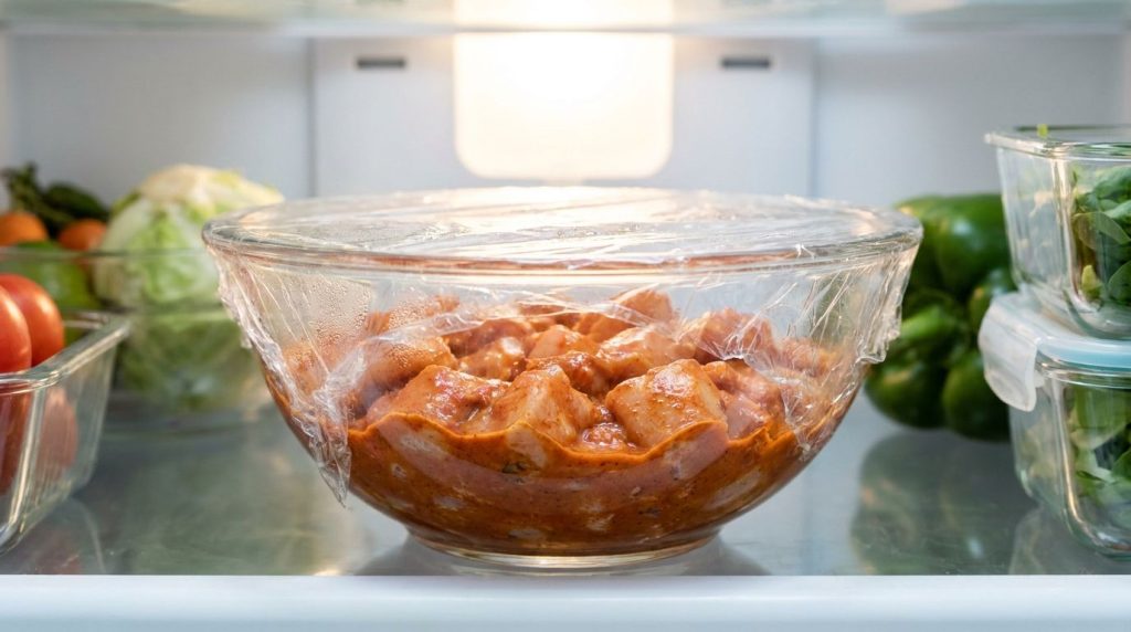 Chicken cubes marinating in a flavorful sauce in a glass bowl covered with plastic wrap in a refrigerator