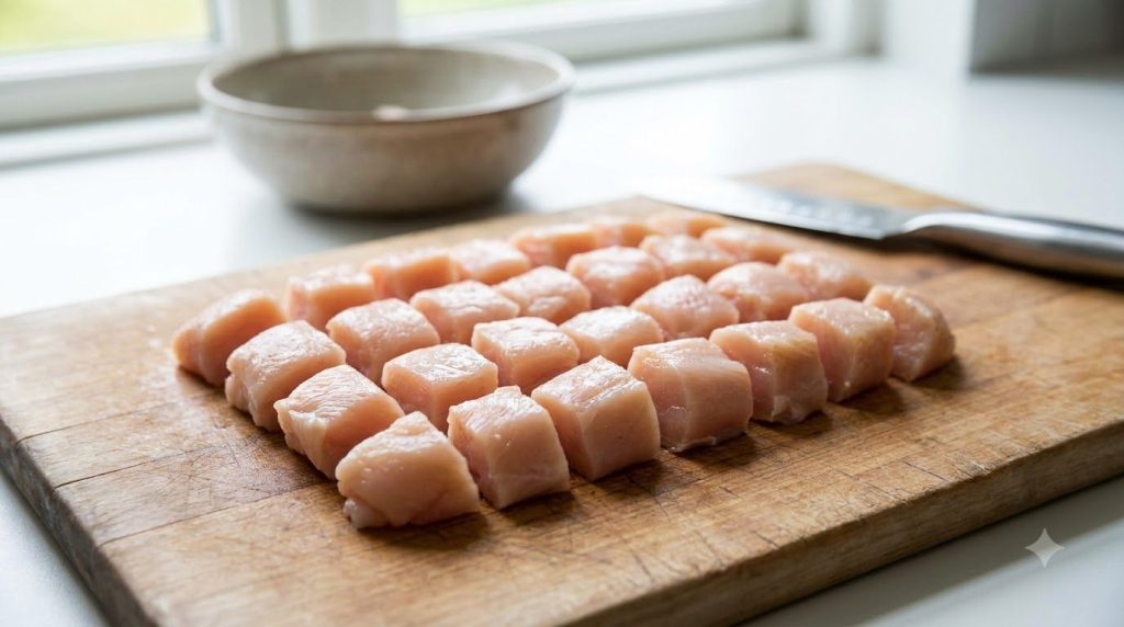 Raw chicken breast cut into even 1-inch cubes on a cutting board ready for marinating