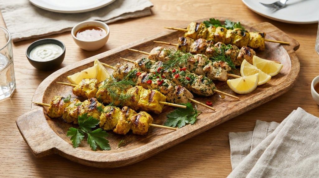 Cooked chicken skewers with various marinades artfully plated with fresh herbs and lemon wedges ready to be served