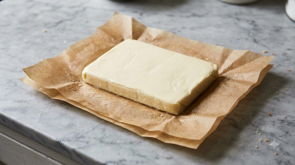 A large block of cold butter flattened between two sheets of parchment paper ready for lamination