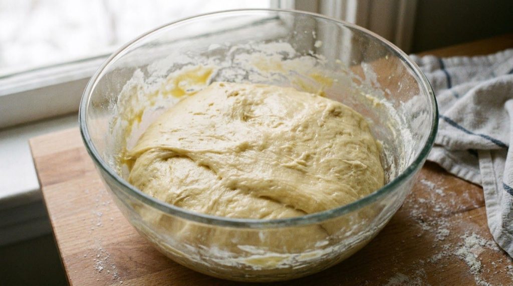 A bowl of mixed croissant dough détrempe before chilling showing its slightly sticky texture