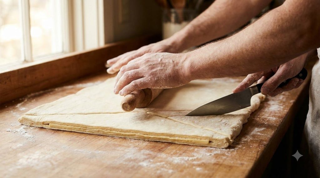 Croissant dough being rolled out and cut into triangles on a lightly floured surface showing the layers