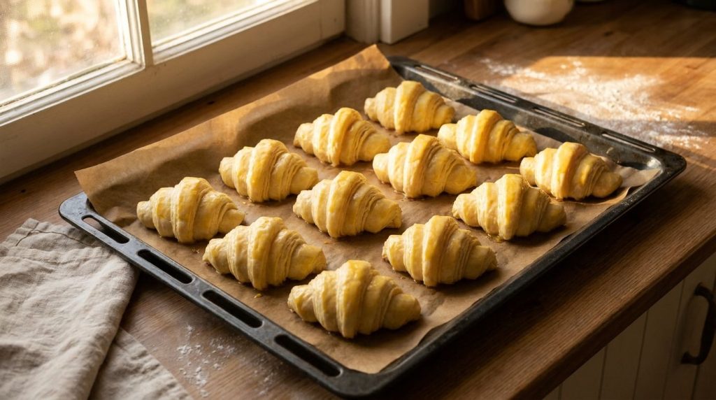 Proofed croissants on a baking sheet noticeably puffed up and ready for the oven with an egg wash applied