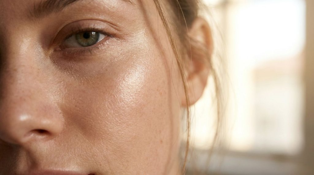 A close-up of a woman s radiant and clear-looking skin glowing softly in the morning light after an overnight beauty tre