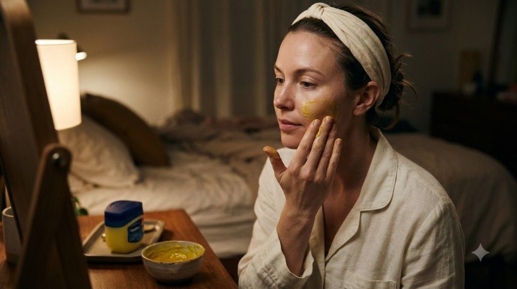 A woman gently applying the yellow Vaseline and turmeric paste to her clean face before bedtime with her hair pulled bac
