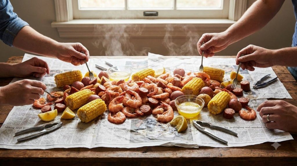 A large seafood boil spread out on a table covered with newspaper featuring cooked shrimp corn potatoes and sausage read