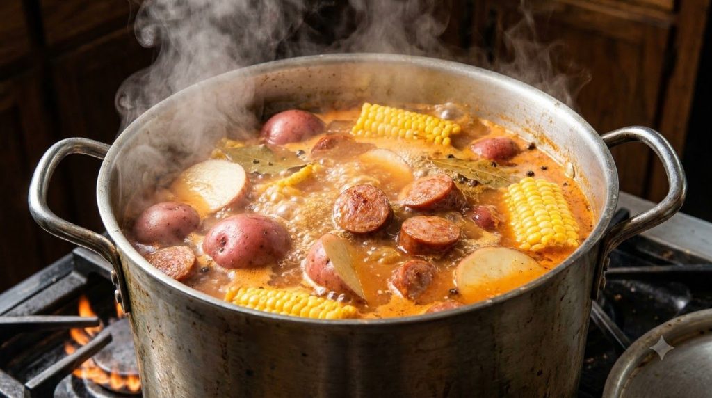 Potatoes corn on the cob pieces and sliced sausage boiling in a large stockpot of seasoned liquid