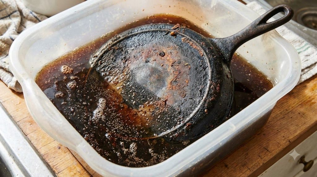 A cast-iron pan fully submerged in Coca-Cola in a large basin with bubbles rising from the liquid