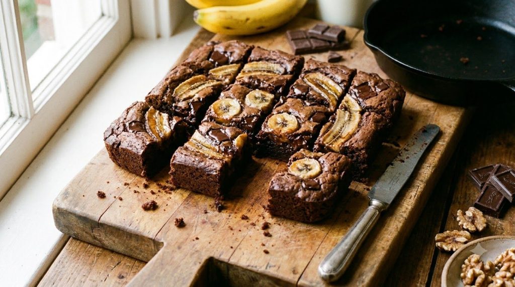 A skillet banana brownie already cooked and sliced into squares presented beautifully on a cutting board next to a servi