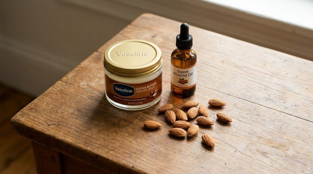 All ingredients for the body balm recipe a jar of Vaseline Cocoa Butter Healing Jelly a bottle of Sweet Almond Oil and w