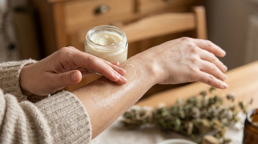 A woman s hand gently applying the homemade body balm to her arm showcasing smooth hydrated skin with natural light high