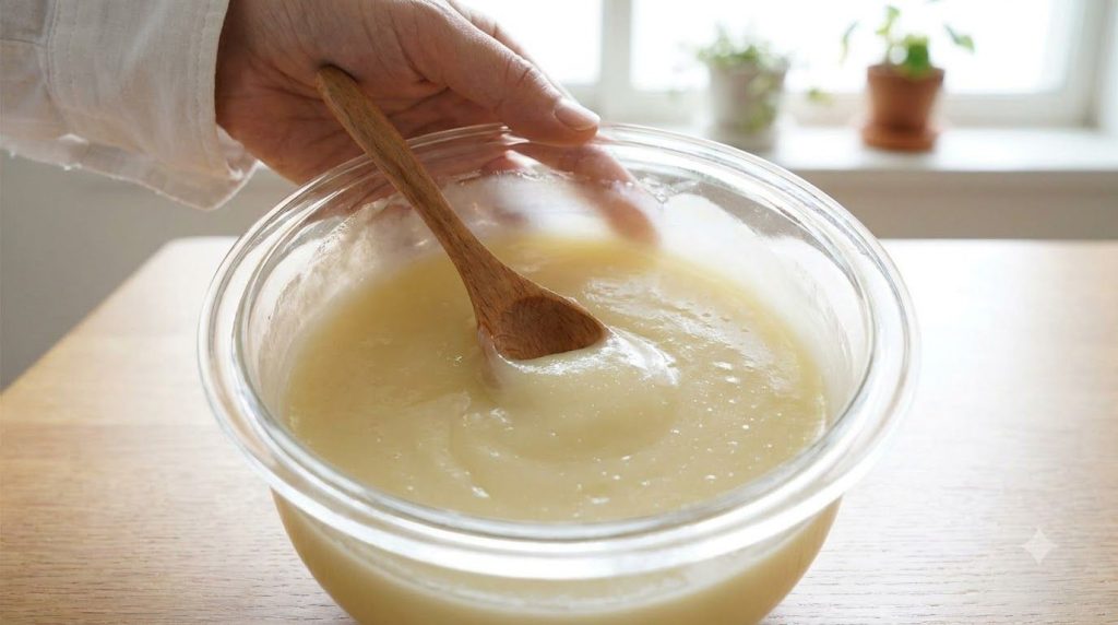 Close-up of a small glass bowl with Vaseline and sweet almond oil being mixed creating a smooth balm The background is s