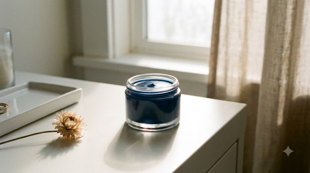 A small clear glass jar of the finished night balm with a smooth glossy texture placed on a clean vanity with a soft lig