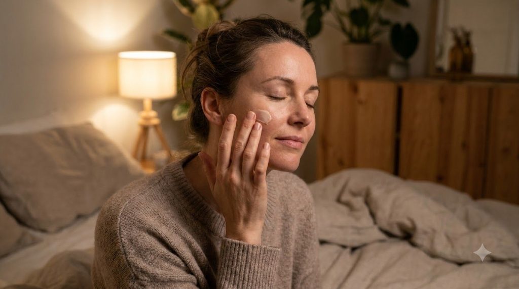 A woman gently applying a small amount of night balm to her clean face before bed her eyes closed in a moment of self-ca