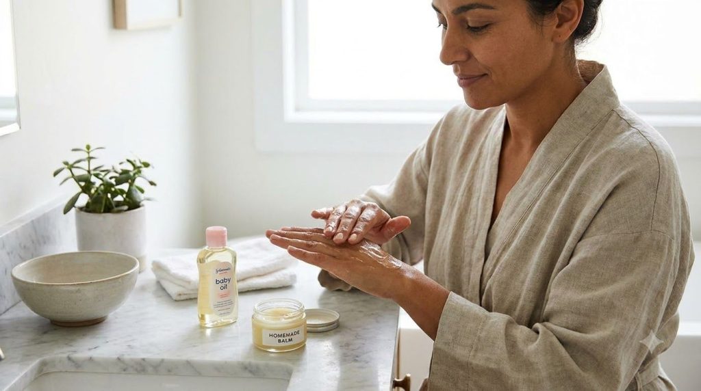 A woman gently applying a homemade Vaseline and baby oil blend to her dry hands illustrating the intensive dry skin care