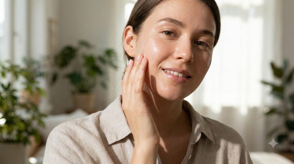 A woman gently touching her smooth glowing cheek illustrating the desired result of youthful skin