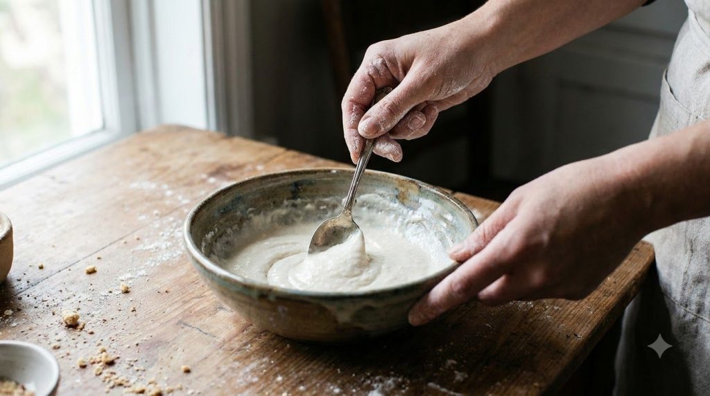 A small bowl containing a creamy white paste made from baking soda Vaseline and baby oil with a spoon mixing it