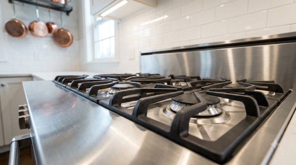 A sparkling clean stainless steel gas stove reflecting light showing no signs of grime or splatters after being cleaned