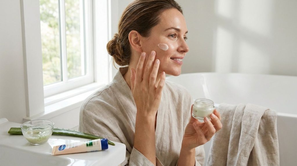 A woman gently applying a small amount of the Vaseline and aloe vera mixture to her face with a soft radiant glow