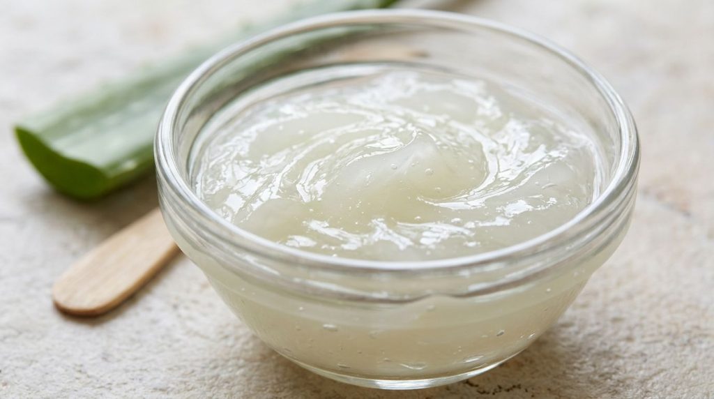 Close-up of a smooth white and clear mixture of Vaseline and aloe vera gel in a small glass bowl