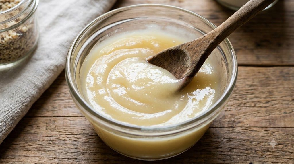A close-up of a smooth yellow-tinted Vaseline mix in a small glass bowl with a wooden spoon stirring it showing the crea