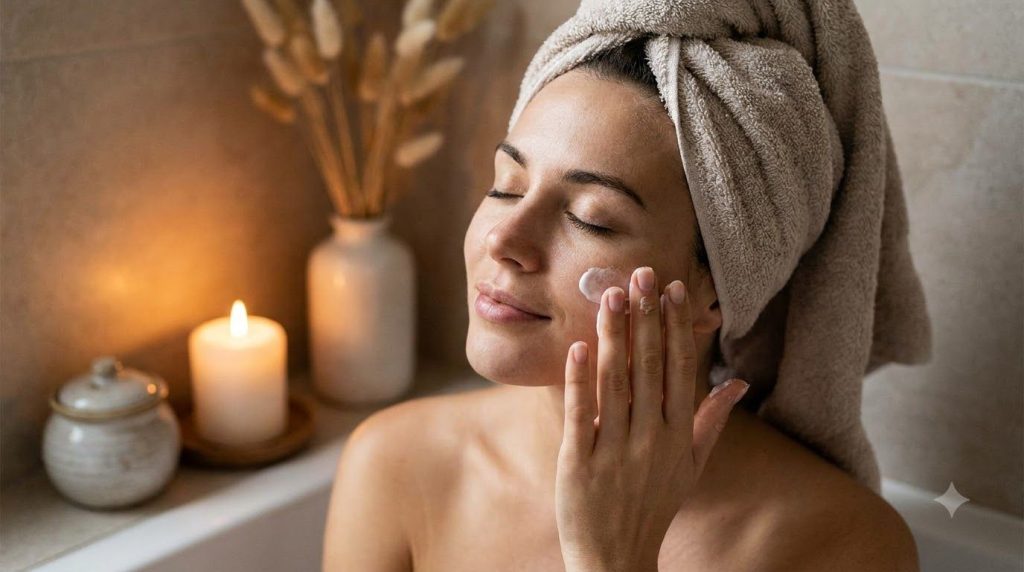 A woman gently applying a homemade balm to her clean face at night with a soft warm glow emphasizing a relaxed and pampe