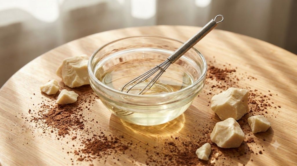 A close-up of a bowl containing melted Vaseline and shea butter with a small whisk surrounded by cocoa butter cubes and 
