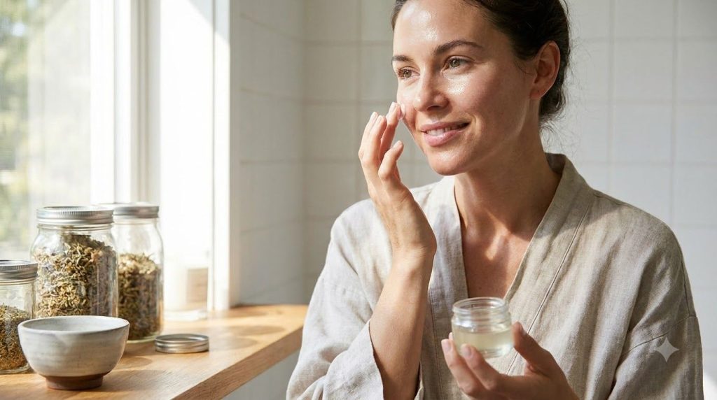 A woman gently applying a homemade Vaseline and almond oil balm to her face her skin looking soft and hydrated in a brig