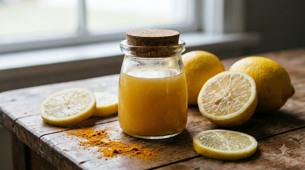A close-up of a small glass jar containing a golden-yellow oil mixture with fresh lemon slices and a small bowl of turme
