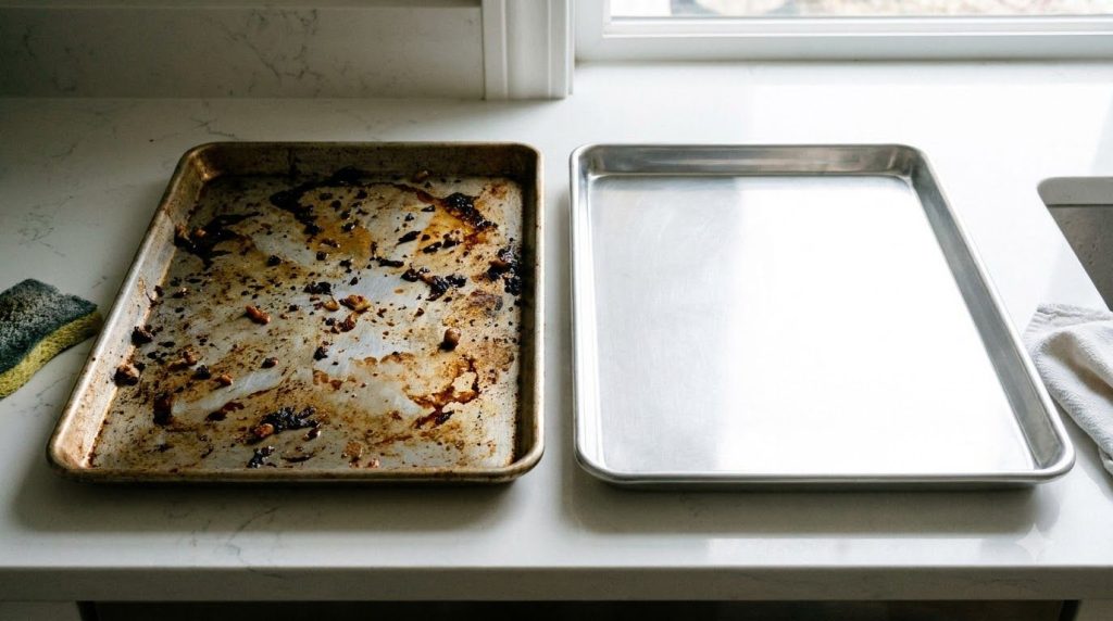 Una bandeja de horno perfectamente limpia y brillante junto a una bandeja de horno que aún está muy sucia mostrando un a