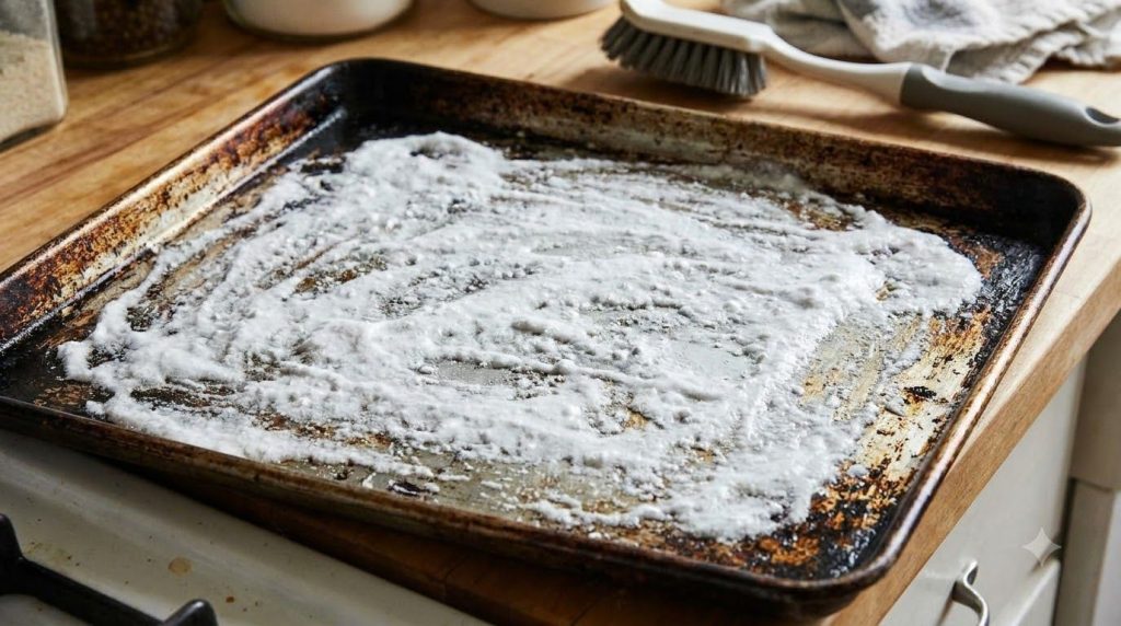 Una bandeja de horno sucia cubierta uniformemente con una pasta limpiadora blanca casera