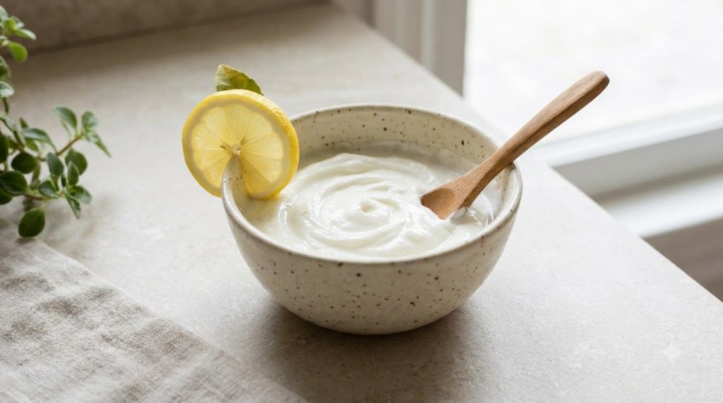 A bowl of fresh lemon and yogurt face mask mixture with a lemon slice and a spoon ready to be applied on a clean bright
