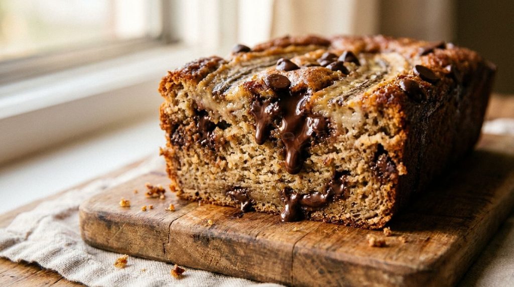A perfectly baked slice of flourless banana bread garnished with melted dark chocolate chips served on a rustic wooden b