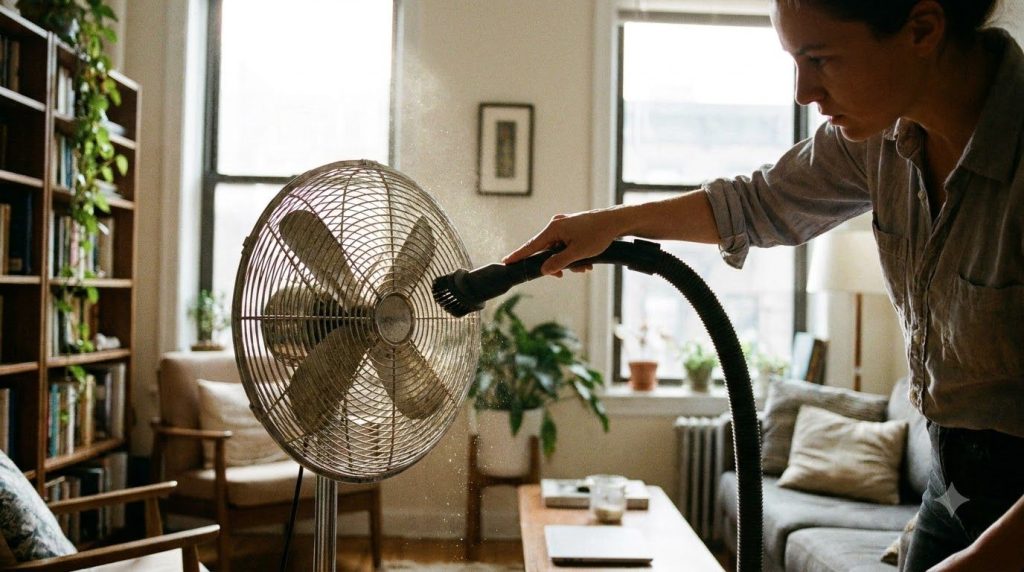 Person using a vacuum cleaner with a brush attachment to remove dust from fan blades