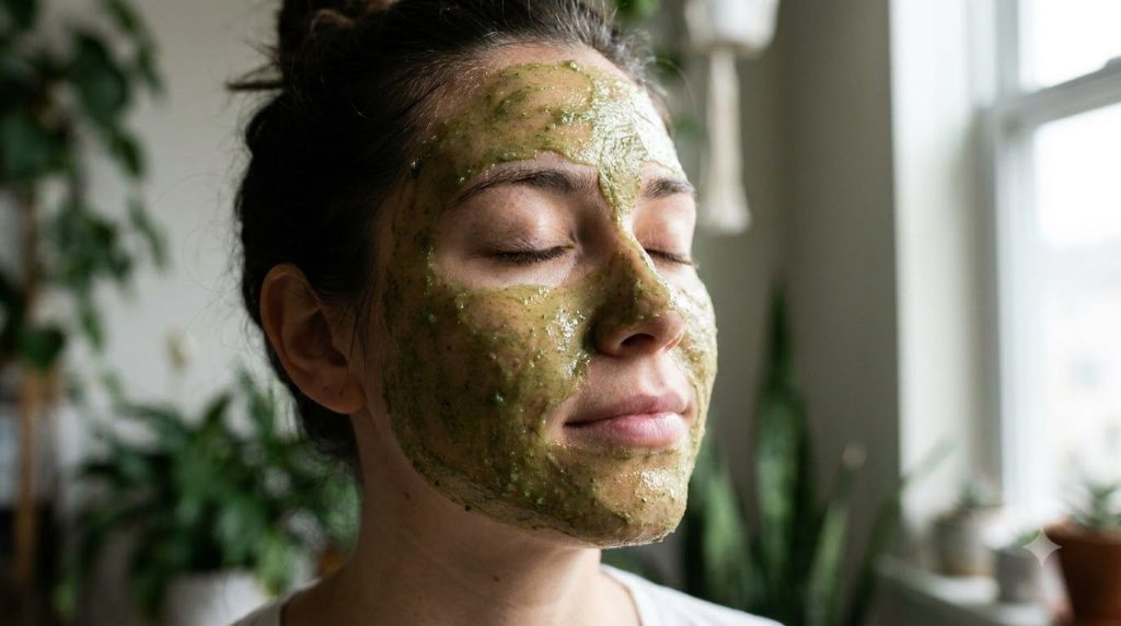 A close-up of a person s face with a homemade green-tinted aloe vera and honey face mask applied looking refreshed and r