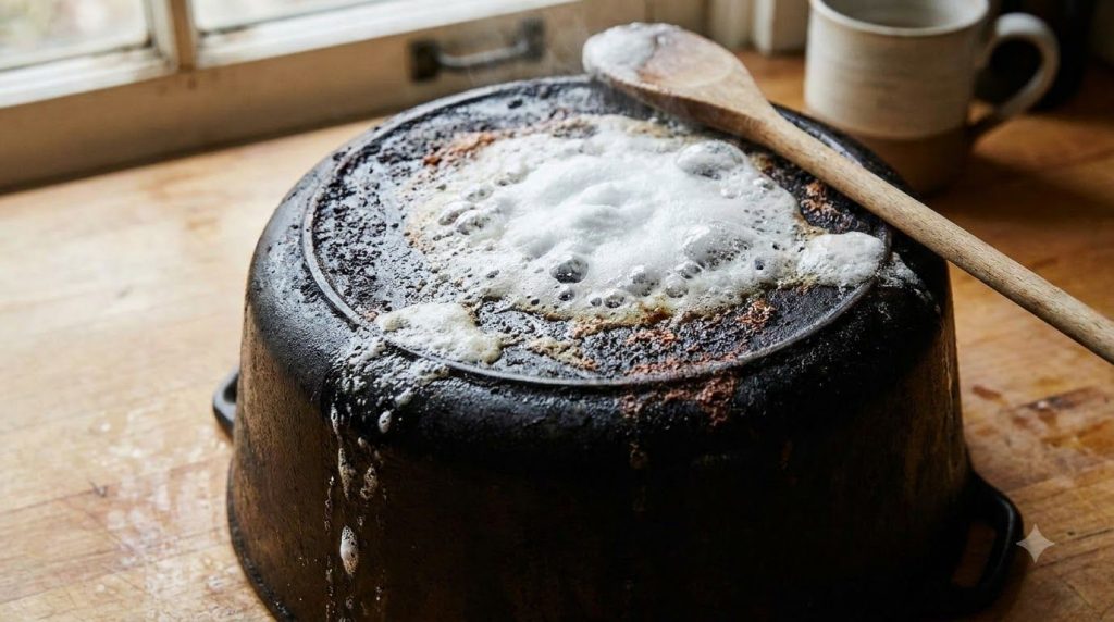 A close-up of a burnt pot with a layer of baking soda and white vinegar fizzing on its surface showing the chemical reac