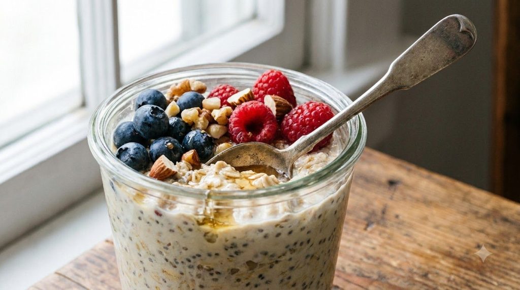 A close-up of a glass jar filled with overnight oats topped with fresh berries and nuts with a spoon inserted