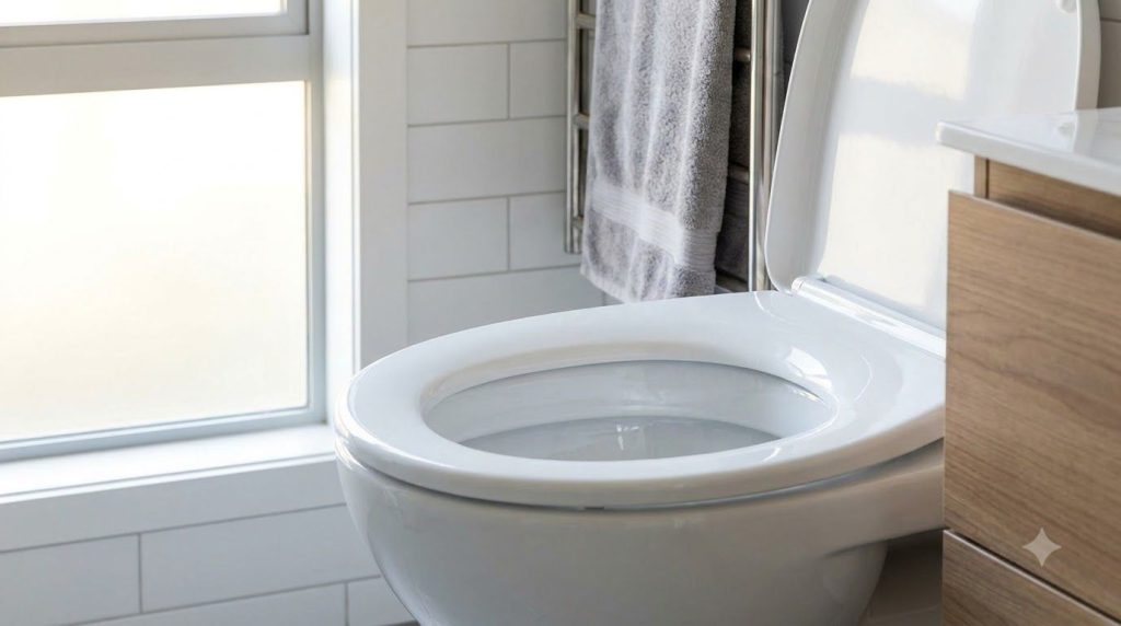 A sparkling clean toilet bowl with white porcelain reflecting light demonstrating a successful cleaning outcome