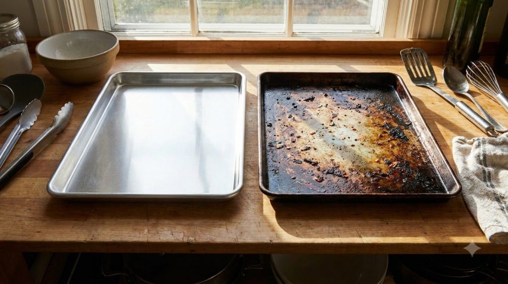 A perfectly clean shiny metal baking sheet next to a dirty one demonstrating a before and after comparison