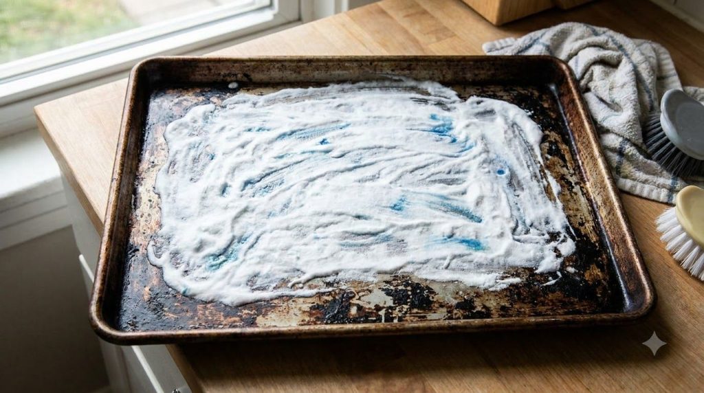 A burnt and greasy baking sheet covered entirely with a thick layer of white baking soda and blue dish soap paste