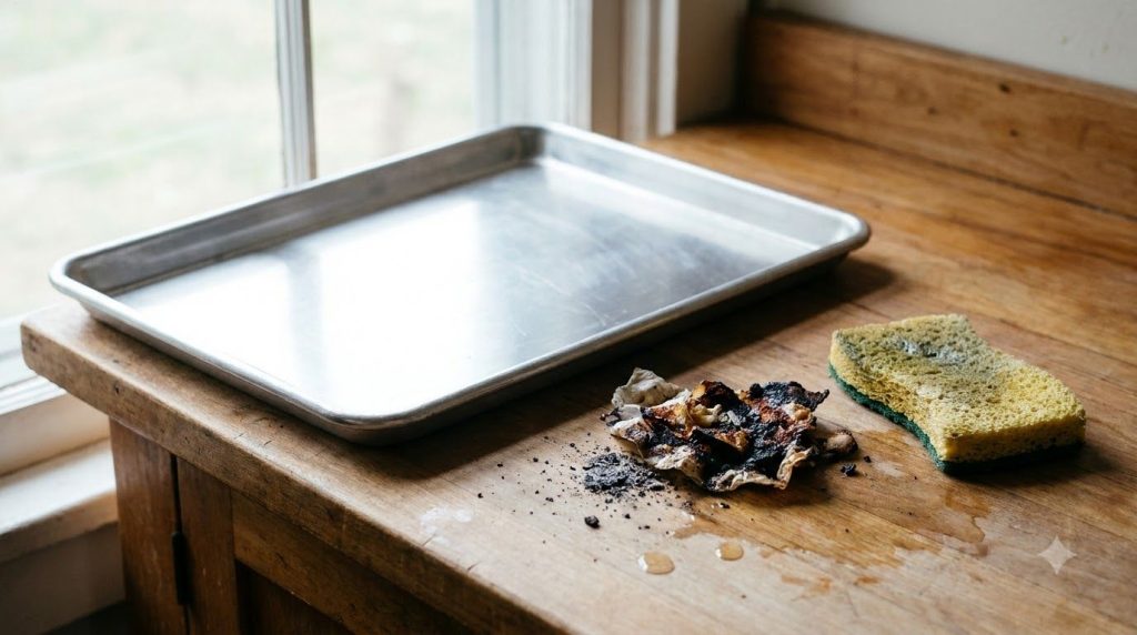 A clean shiny baking sheet after being cleaned contrasting with a small pile of dark scrubbed-off residue and a used spo