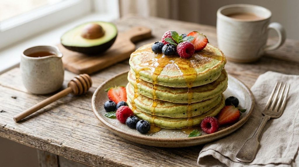 Una pila de panqueques de aguacate recién hechos esponjosos y ligeramente verdes decorados con frutas frescas y un chorr