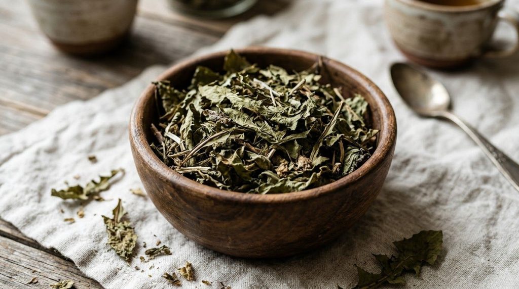 A close-up of dried dandelion leaves in a small wooden bowl ready for tea preparation