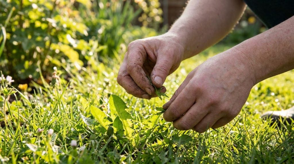 A person s hands gently picking young dandelion leaves from a patch of grass in a clean garden