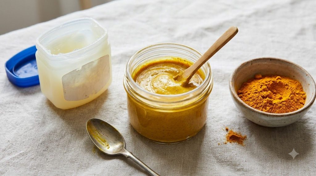 A small glass jar containing the freshly mixed yellow turmeric and Vaseline mask next to a bowl of turmeric powder and a