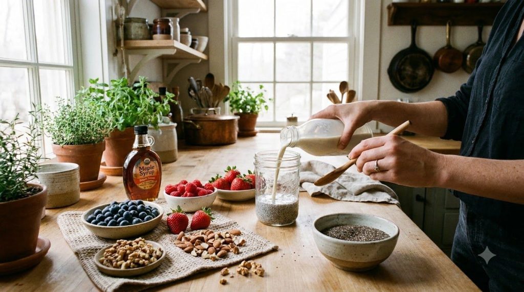 A person preparing overnight chia seed pudding in a jar adding plant milk and stirring with fresh berries and nuts on th