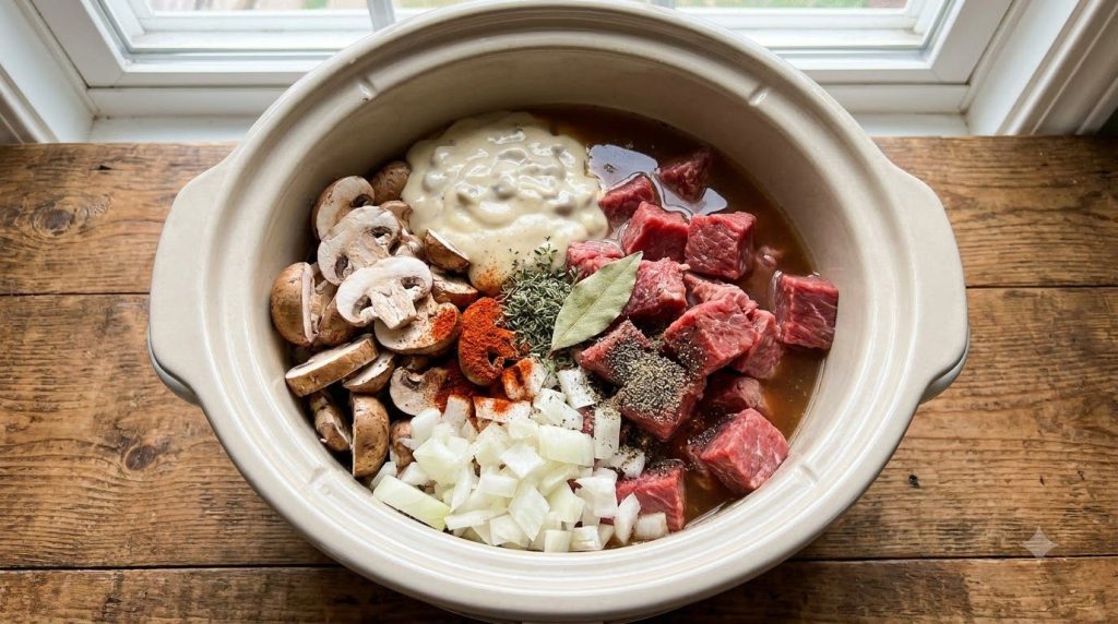 All stroganoff ingredients beef mushrooms onion soup broth seasonings placed in a slow cooker before stirring