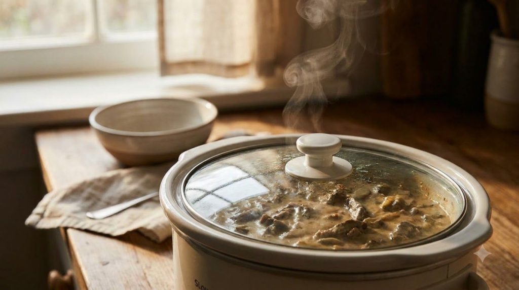Slow cooker lid on with steam gently escaping indicating the stroganoff is cooking